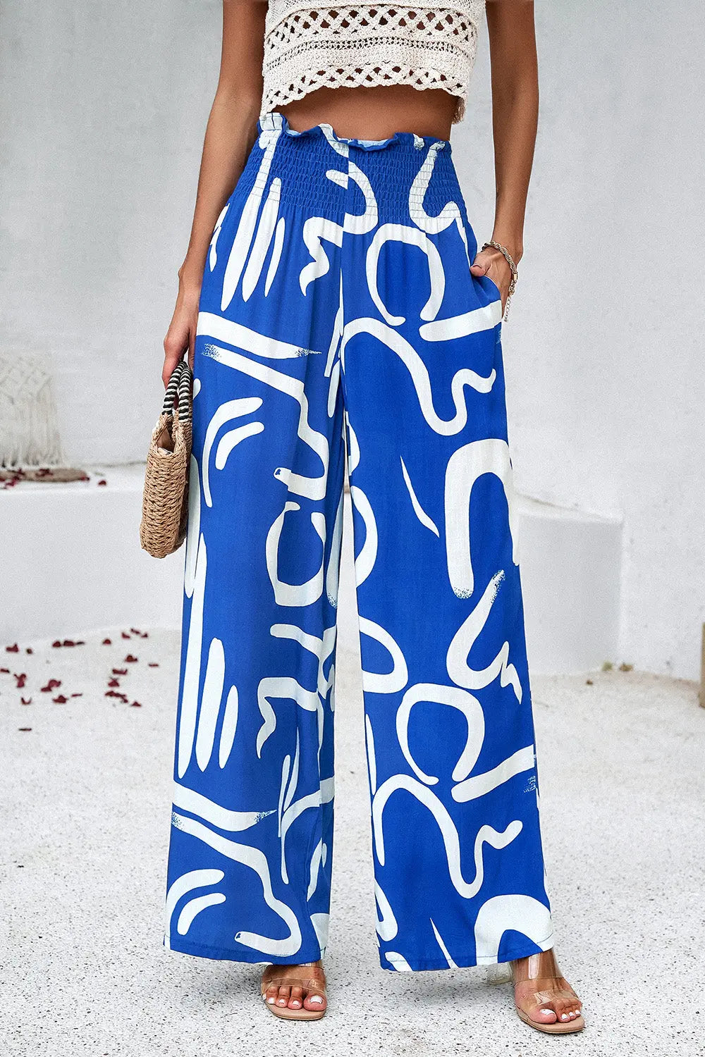 Devine - Smocked Printed - Wide Leg - Pants with Pockets - Pfresh